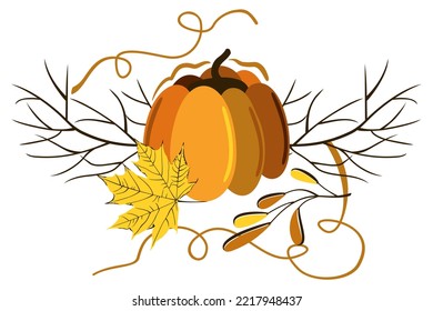 Vector isolated autumnal leaves, pumpkin and branches. Maple. Warm colors. Concept of late autumn.