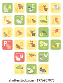 Vector isolated A-Z zoo alphabet cartoon animals education cards. Alpaca bear cow deer elephant fox goat horse iguana jellyfish kangaroo lynx moose octopus pig quokka rabbit sheep turtle unicorn bat