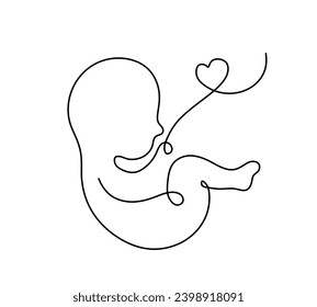 Vector isolated baby fetus embryo with an umbilical cord one single contemporary line colorless black and white contour line easy drawing