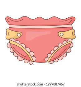 Vector isolated baby icon with stroke. Lovely pants or diaper with embellishment, ruffles and clasps. Child clothing or underwear item sticker.
