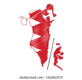 Vector of isolated Bahrain map with the flag. Engraving style hatching pen pencil painting illustration concept.