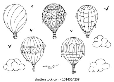 Vector isolated balloons on white background. Many striped air balloons flying in the clouded sky. Patterns of clouds and birds flying in the sky. Travel and vacation.