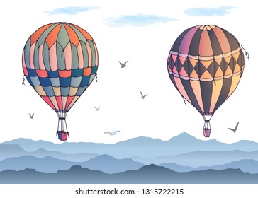 Vector isolated balloons on white background. Many differently colored striped air balloons flying in the clouded sky. Patterns of clouds and birds flying in the sky. Travel and vacation. 