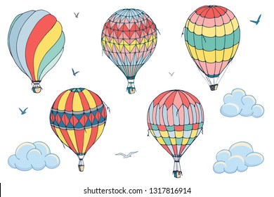 Vector isolated balloons on white background. Many differently colored striped air balloons flying in the clouded sky. Patterns of clouds and birds flying in the sky. Travel and vacation. 