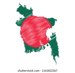 Vector of isolated Bangladesh map with the flag. Engraving style hatching pen pencil painting illustration concept.