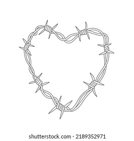 Vector isolated barbed wire in the shape of a heart or heart made of barbed wire colorless black and white contour line easy drawing