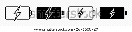Vector isolated Battery Charging icon set in black outline and fill