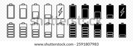 Vector isolated Battery icon set in black outline and fill