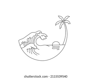 Vector isolated beach  palm tree  sun set  sea wave in circle  round ocean wave colorless black   white contour line drawing