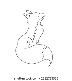 Vector isolated beautiful cartoon sitting fox with fluffy tail side view colorless black and white contour line easy drawing