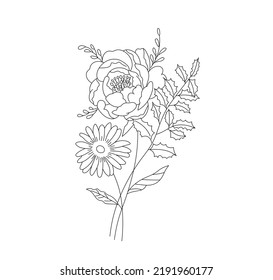 Vector isolated beautiful flower bouquet with rore and camomile colorless black and white contour line easy drawing