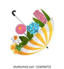 Vector isolated beautiful illustration with an umbrella inside which spring flowers grow. The concept of springtime, romance.