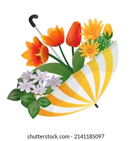 Vector isolated beautiful illustration with an umbrella inside which spring flowers grow. The concept of springtime, romance. It can be used for the design of postcards, banners, etc.