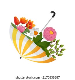 Vector isolated beautiful illustration with an umbrella inside which spring flowers grow. The concept of springtime, romance.