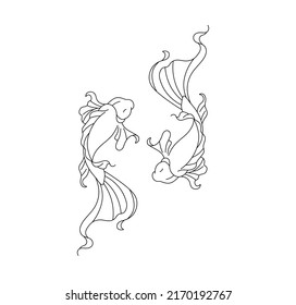 Vector isolated beautiful two carp fish koi top view colorless black and white contour line drawing 