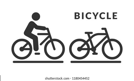 Vector isolated bicycle icon. Bike no human silhouette symbol and cycle with rider on road pictogram.