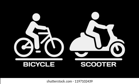 Vector isolated bicycle and motor scooter icon on a black background. Motorcycle and bike with rider on road silhouette sign.