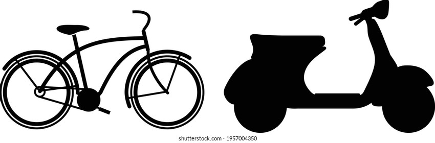 Icono de ciclomotor y motocicleta aislado por vectores. Motocicleta y bicicleta con jinete en silueta de carretera.
