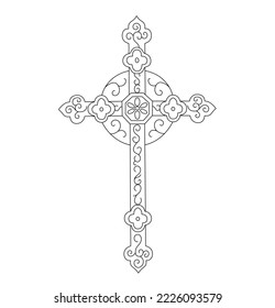 Vector isolated big ornate symmetrical religious church cross  colorless black and white contour line easy drawing