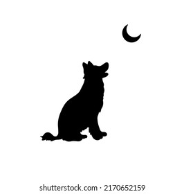Vector isolated big sitting dog or wolf howling at the crescent moon colorless black outline silhouette stencil