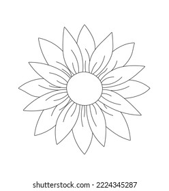 Vector aislado gran flor de girasol con pétalos vista frontal superior incolora línea de contorno blanco y negro fácil dibujo