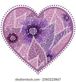 Vector isolated big violet heart with floral pattern on transparent background