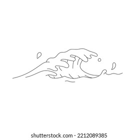 Vector isolated big wide sea ocean tsunami wave and splashes colorless black   white contour line easy drawing