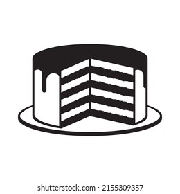 Vector isolated black elliptical sliced cake icon with topping and tray on white background.