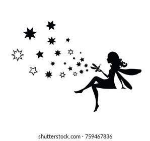 Vector isolated black fairy silhouette with firefly and stars. Graphic for wall sticker.