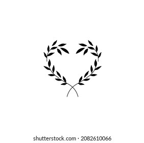 Vector isolated black filled silhouette decorative minimal heart laurel leaves symmetrical decoration