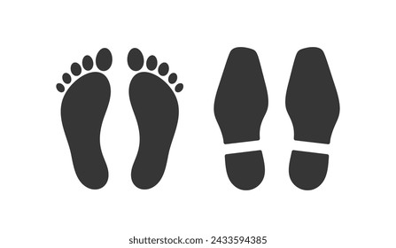 Vector Isolated Black Foot Prints of Shoe Soles and Barefoot Footprints with Fingers. Human Steps, Trail Silhouettes