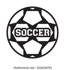 Vector isolated black football ball with stars and soccer lettering on white background. 