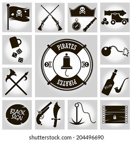 Vector isolated black icons pirates on a gray background
