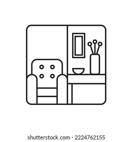 Vector isolated black line illustration of a square living room icon on a white background. Minimal interior symbol