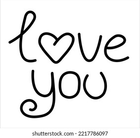 Vector isolated black line lettering  love you with heart instead of o letter.