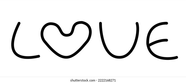 Vector isolated black line lettering  love with heart instead of o letter.