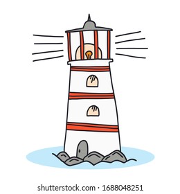 Vector isolated black outline doodle sketchy lighthouse icon. Cute hand drawn sketch of light house for emblem design, kids books and apps, logo, sticker