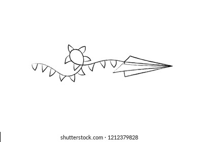 Vector isolated black outline illustration of paper airplane with blank advertising banner with text place. Travel, route symbol. Hand drawn doodle sketch linear paper plane icon.