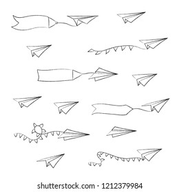 Vector isolated black outline illustration of paper airplane with blank advertising banner with text place. Travel, route symbol. Hand drawn doodle sketch linear paper plane icon.