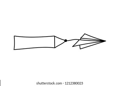 Vector isolated black outline illustration of paper airplane with blank advertising banner with text place. Travel, route symbol. Hand drawn doodle sketch linear paper plane icon.