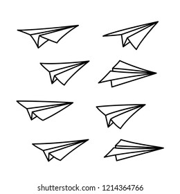 Vector isolated black outline illustration of paper airplane with blank advertising banner with text place. Travel, route symbol. Hand drawn doodle sketch linear paper plane icon.