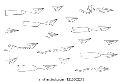 Vector isolated black outline illustration of paper airplane with blank advertising banner with text place. Travel, route symbol. Hand drawn doodle sketch linear paper plane icon.