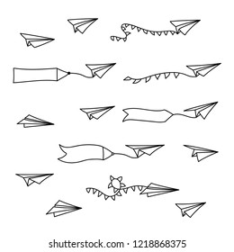 Vector isolated black outline illustration of paper airplane with blank advertising banner with text place. Travel, route symbol. Hand drawn doodle sketch linear paper plane icon.