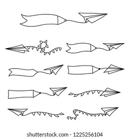 Vector isolated black outline illustration of paper airplane with blank advertising banner with text place. Travel, route symbol. Hand drawn doodle sketch linear paper plane icon.