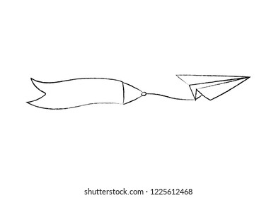 Vector isolated black outline illustration of paper airplane with blank advertising banner with text place. Travel, route symbol. Hand drawn doodle sketch linear paper plane icon.