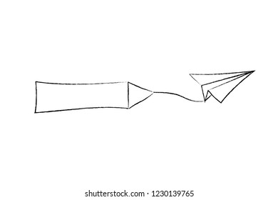 Vector isolated black outline illustration of paper airplane with blank advertising banner with text place. Travel, route symbol. Hand drawn doodle sketch linear paper plane icon.