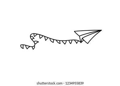 Vector isolated black outline illustration of paper airplane with blank advertising banner with text place. Travel, route symbol. Hand drawn doodle sketch linear paper plane icon.