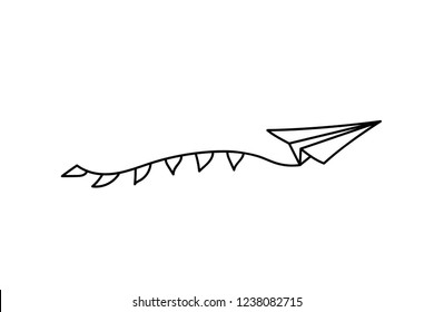 Vector isolated black outline illustration of paper airplane with blank advertising banner with text place. Travel, route symbol. Hand drawn doodle sketch linear paper plane icon.