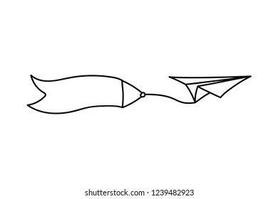 Vector isolated black outline illustration of paper airplane with blank advertising banner with text place. Travel, route symbol. Hand drawn doodle sketch linear paper plane icon.