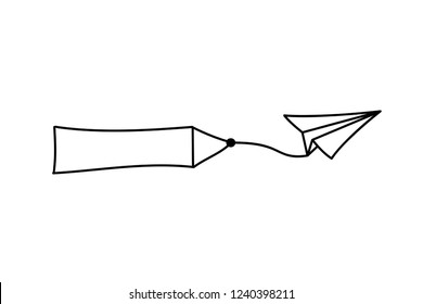 Vector isolated black outline illustration of paper airplane with blank advertising banner with text place. Travel, route symbol. Hand drawn doodle sketch linear paper plane icon.